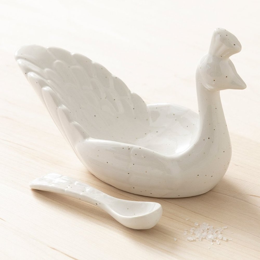 White speckled Peacock Bowl & Spoon